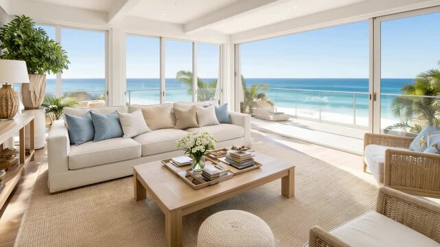 Luxury beachfront living room interior with panoramic ocean view and modern coastal design