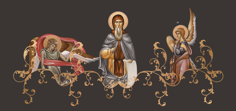 Saint Joanikije of Devic. Decorative vintage border with angels, illustration in Byzantine style