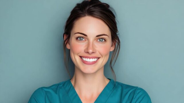 Radiant Healthcare Professional: A close-up portrait of a friendly and approachable healthcare worker, her warm smile radiating competence and care against a soothing backdrop.