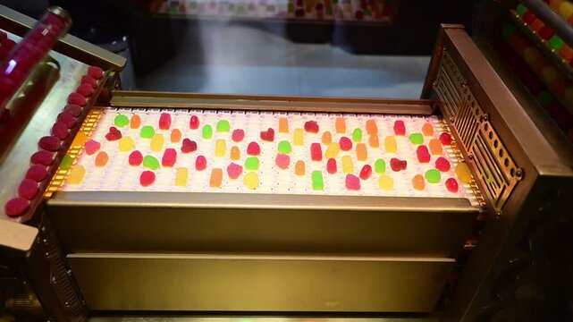 Colorful gummy candies moving on a conveyor belt