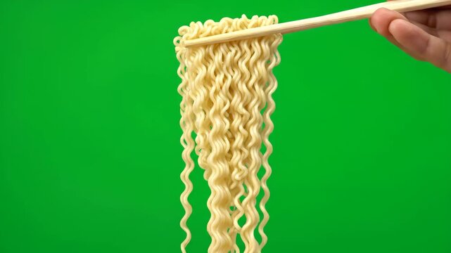 Hand holding uncooked instant ramen noodles with chopsticks against a green screen. Perfect for food-related projects.