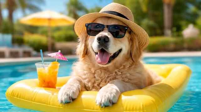 Happy dog wearing sunglasses and hat relaxing on pool float with tropical summer vibe
