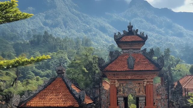 Ornate gate structures with terra-cotta tile roof, distant misty mountains