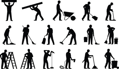 Construction and cleaning worker silhouettes set, builders and janitors with tools equipment in different poses, industrial labor vector illustration isolated on white background