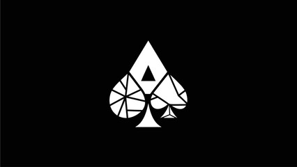 Modern Abstract Geometric Ace of Spades Graphic. Shattered Playing Card Suit Design on Black Background, Monochrome Illustration.