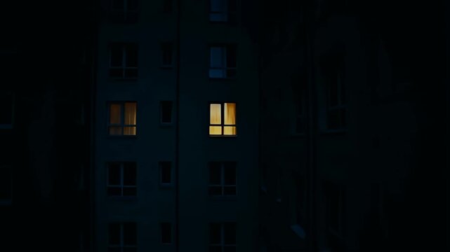 Dimly lit windows on apartment building at dusk with glowing interior light, city life mood, window, light.