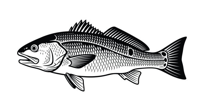 Black and white illustration of a red drum fish drawing