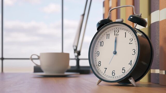 Black retro alarm clock with rapidly spinning hands on a wooden desk. Project deadlines, working day concepts, daylight saving time, and work routines.