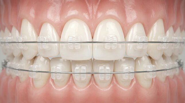 Teeth with clear ceramic braces showing translucent brackets silver archwire and healthy gums