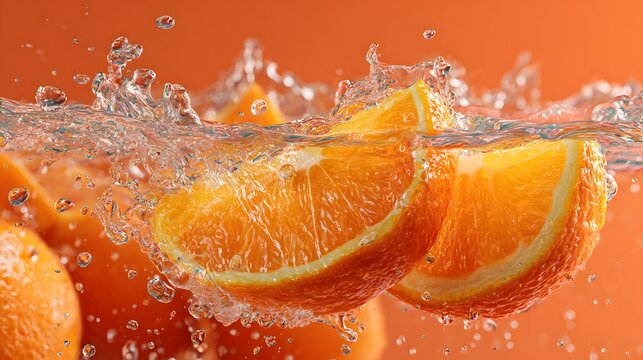 High-speed macro shot of vibrant sliced oranges splashing dynamically into crystal clear sparkling water with frozen airborne droplets.