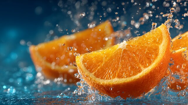 High-speed macro shot of vibrant sliced oranges splashing dynamically into crystal clear sparkling water with frozen airborne droplets.
