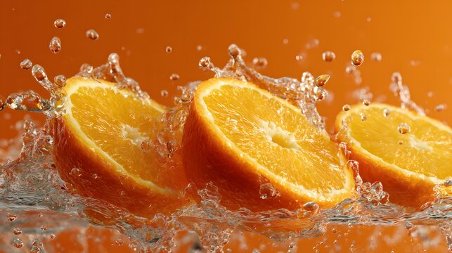 High-speed macro shot of vibrant sliced oranges splashing dynamically into crystal clear sparkling water with frozen airborne droplets.
