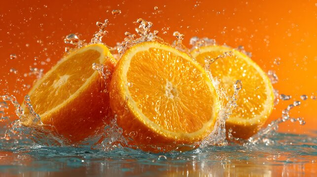High-speed macro shot of vibrant sliced oranges splashing dynamically into crystal clear sparkling water with frozen airborne droplets.