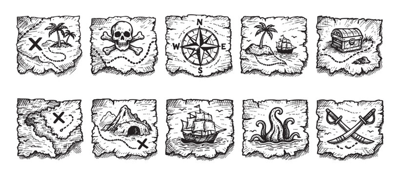 A collection of ten hand-drawn treasure map icons depicts pirate themes like treasure chests, ships, skulls, compass, and sea monsters, perfect for adventure and exploration concepts.