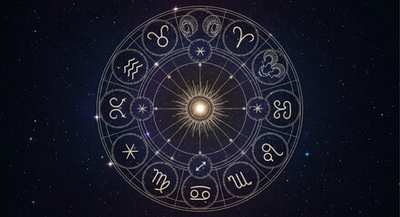 Astrological Zodiac Wheel Depicting Celestial Signs and Cosmic Symbols. © Nifi