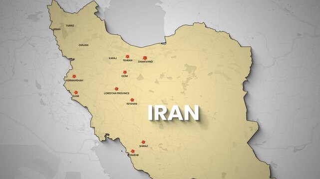 Geopolitical Map Animation of Iran Featuring Explosion Icons on Major Cities