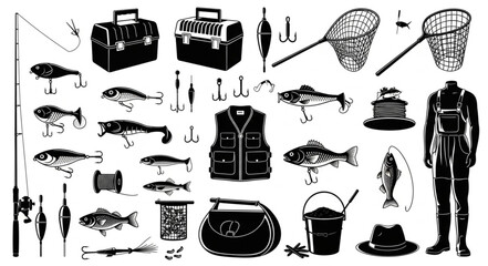 Fishing gear collection illustration, featuring rods, nets, tackle boxes, and various equipment. © Nifi