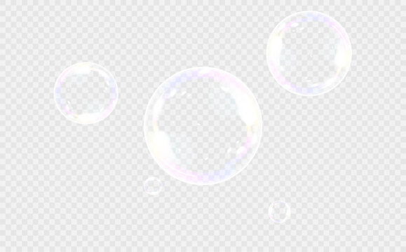 Five transparent soap bubbles of varying sizes with white reflections and subtle rainbow highlights on a light checkered background. Minimalist floating bubble composition.