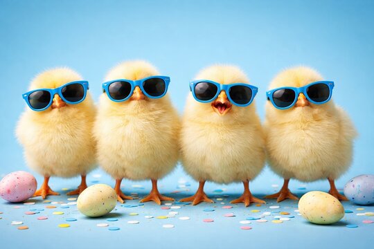Funny yellow Easter chicks wearing sunglasses standing with colorful eggs and confetti on blue background