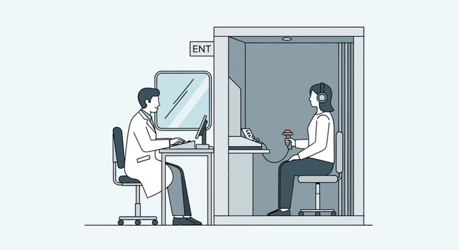 Audiologist testing patient's hearing in soundproof booth, medical exam