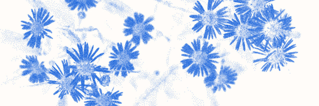 Blue cyanotype daisy botanical background. Stipple dot overlay texture with flower and twig silhouette. Delicate indigo blue nature banner for template and graphic design project.