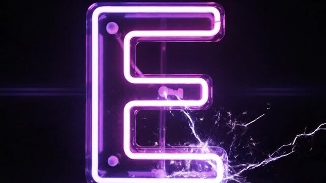 Vibrant purple neon letter E illuminates with electric sparks and light
