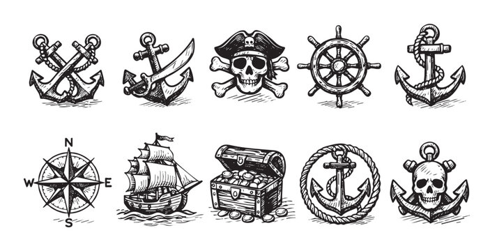 Hand drawn pirate illustrations with anchor, skull, ship wheel, treasure chest, ship, rope and compass. Black sketch on white backdrop. Great for pirate theme designs.