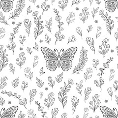 Hand Drawn Black and White Floral Seamless Pattern with Butterflies and Wildflowers © Ольга Кухта