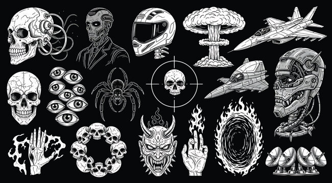 Collection of various creepy white line art icons on black background including skulls, monsters, and evil symbols