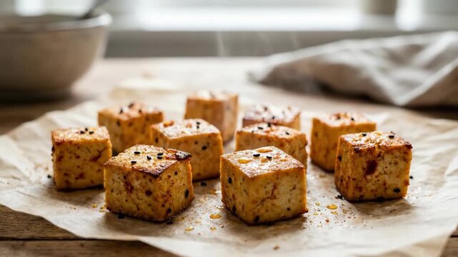 Close up of fried tofu cubes on baking paper, delicious appetizer food for meal or cooking recipe concept