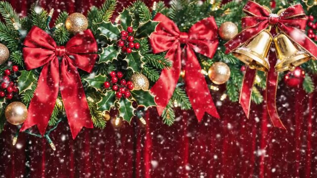 Festive Christmas garland with red bows, golden bells, and sparkling lights, adorned with falling snow against a textured crimson background, perfect for holiday cheer