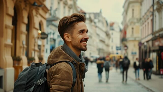 A man with a backpack and a smile on his face. He is standing on a street with other people