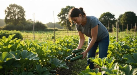 Woman harvests zucchini from garden, sunlight, green plants, and trees in the background