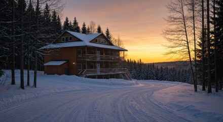 Wooden lodge in winter snow, road leading to it; sunset casts warm glow on the scene