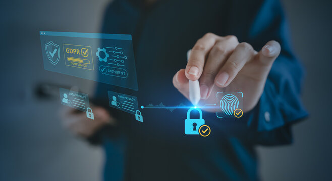 GDPR compliance and data privacy consent concept, Business person using stylus on virtual padlock and fingerprint, Data protection Cybersecurity Regulatory compliance PDPA, Identity verification