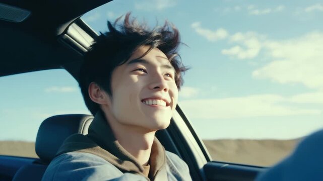 A young man with a happy expression is smiling and driving a convertible car on an open road during the daytime.