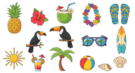 Collection of tropical summer elements, perfect for vacation and relaxation themes. © Nifi