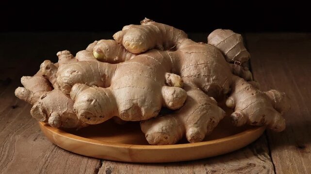 Fresh ginger in a wooden plate.