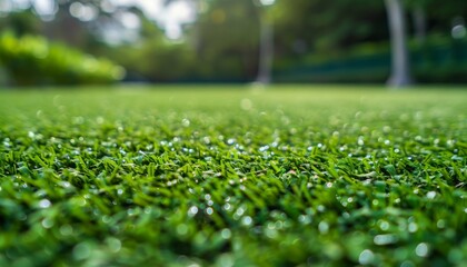 Naklejka premium Lush green grass with morning dew glistening under soft sunlight in a tranquil outdoor setting