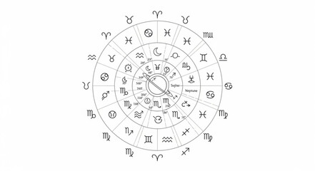 Intricate astrological chart depicting celestial bodies and zodiac signs in detailed circular arrangement. © Nifi