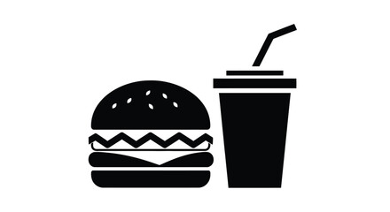 Simple black and white vector graphic illustration depicting a classic hamburger and a refreshing soda drink with a straw icon
