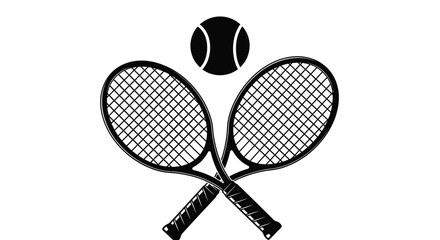 A classic black and white vector illustration depicting two crossed tennis rackets with a tennis ball hovering above them, perfect for sports design and athletic branding projects.