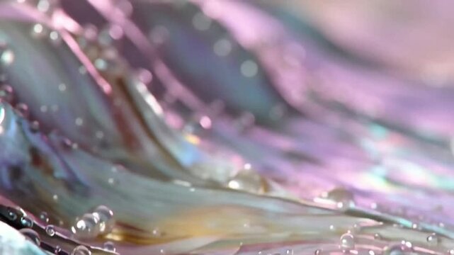 Macro Close-up of Iridescent Pearlescent Shell with Water Droplets