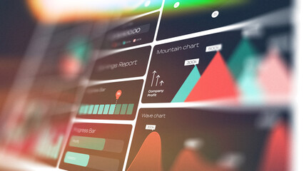 Data visualizations show financial reports for company performance in a digital format