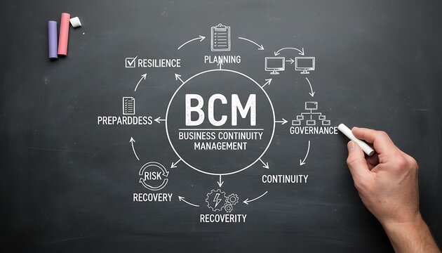 Business continuity management chalkboard diagram with BCM concept and planning, governance, risk, recovery and resilience flow