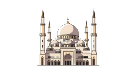 Fototapeta premium Stylized vector illustration depicting a grand mosque with prominent domes and elegant minarets, representing a sacred place of worship and rich cultural architecture