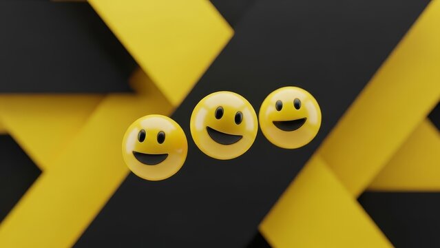 Three yellow smiley face emojis in mid-air against a black and yellow geometric background. 3D rendered, digital art.