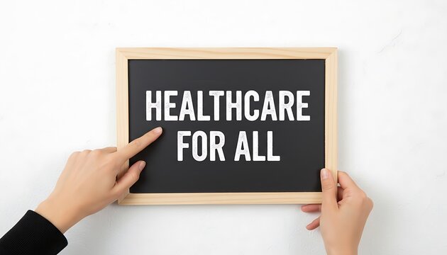Chalkboard sign with text "Healthcare for all" held by hands on white background, promoting universal health coverage