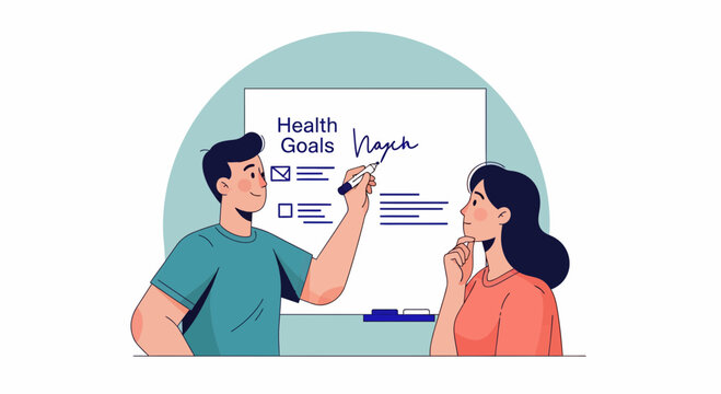 Cartoon Healthcare Illustration of Man and Woman Discussing Medical Goals with Collaborative Whiteboard