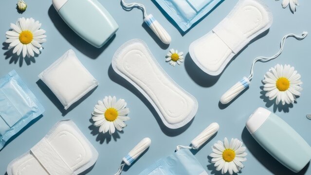 Feminine hygiene products and daisies arranged on a pastel blue background